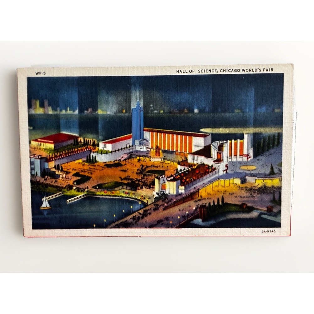 1933 Chicago World's Fair Hall of Science Night Scene Linen Postcard WF-5